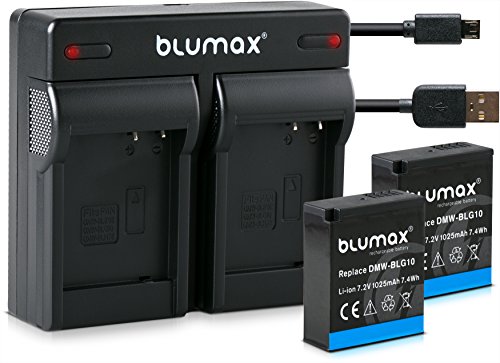 Blumax 2X Akku ersetzt Panasonic DMW-BLG10 e 1025mAh + Mini Dual-Ladegerät kompatibel mit DC GX9 TZ202 TZ91 DMC TZ101 TZ81 GF6 GX7 GX80 LX100