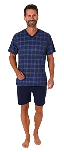 NORMANN-Wäschefabrik Herren Kurzarm Schlafanzug Shorty Pyjama mit Karierten Oberteil - 122 105 90 445, Farbe:blau-Melange, Größe:56