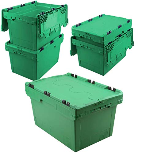 Set, 5x Mehrwegbehälter mit Klappdeckel, grün, verplompbar, LxBxH 600x400x350 mm, 58 Liter