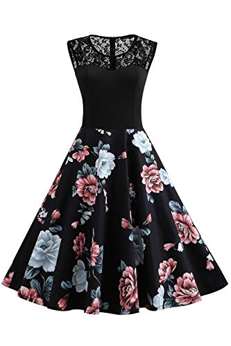 Axoe Damen 50er Jahre Rockabilly Kleid mit Blumenmuster Ärmellos, Farbe06, L (42 EU)