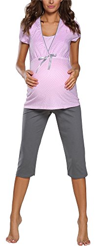 Stillpyjama Krankenhauspyjama Damen Schlafanzug lang Pyjama Set | Nachtwäsche Hausanzug Kurzarm Zweiteiliger Sleepwear (XL, Rosa)