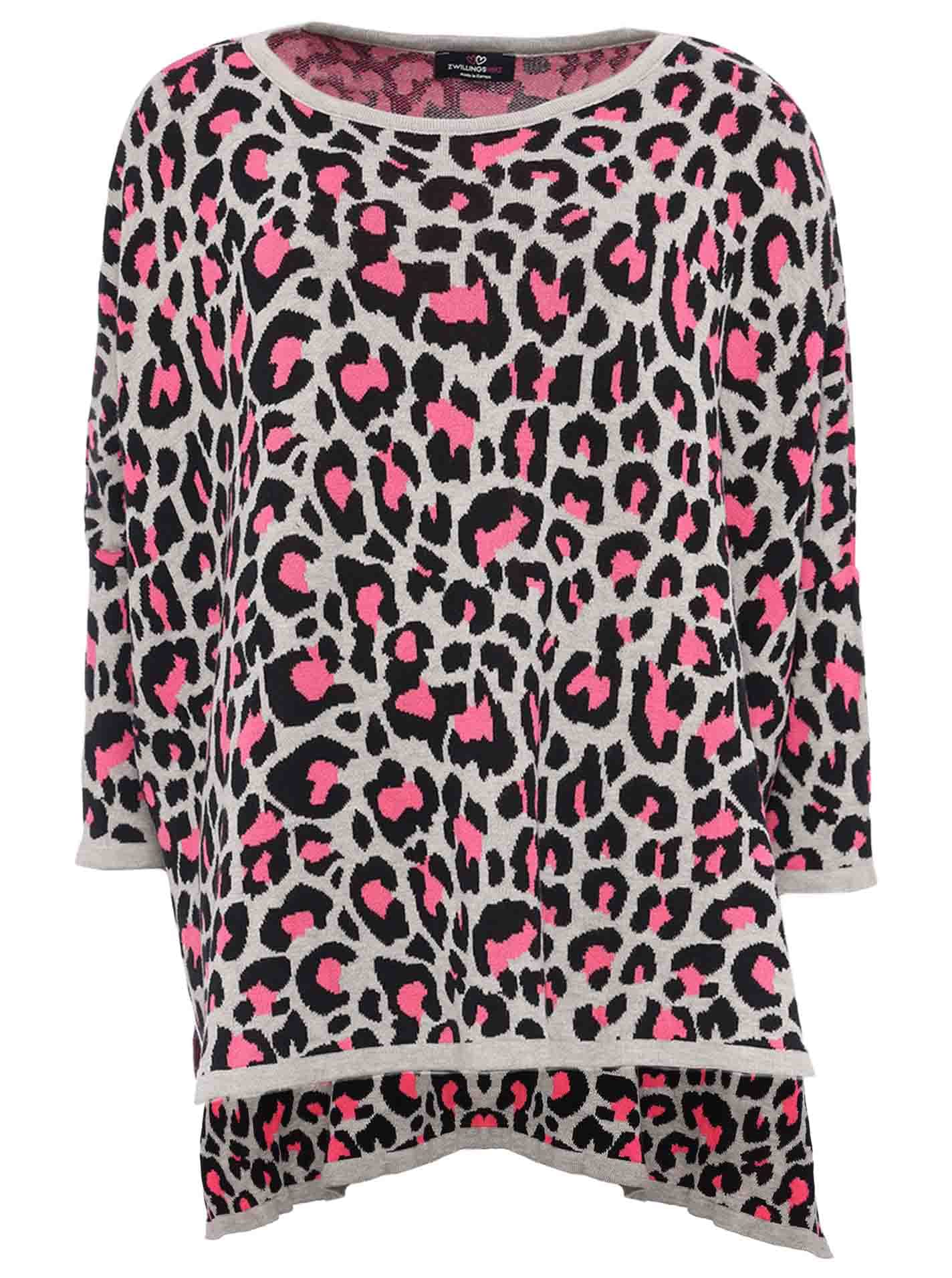 Zwillingsherz Poncho mit Baumwolle im Leo Design - Hochwertiges Cape für Damen - XXL Umhängetuch und Tunika - Strick-Pullover - Sweatshirt - Stola - grau pink