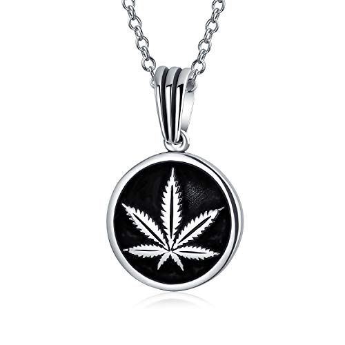Unisex Retro Hanf Fimble Pot Cannabis Marihuana Blatt Medaillon Runde Anhänger Halskette Western Schmuck für Frauen oxidiert .925 Sterling Silber mit Kette