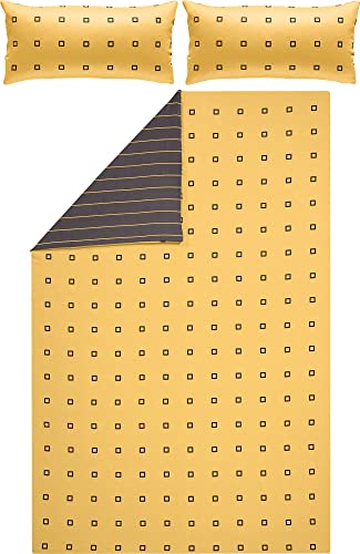 Erwin Müller Satin-Bettwäsche, Wendebettwäsche, 100% Baumwolle gelb-anthrazit Größe 200x200 cm (2X 40x80 cm) - atmungsaktiv, temparaturausgleichend, mit Reißverschluss (weitere Farben, Größen)