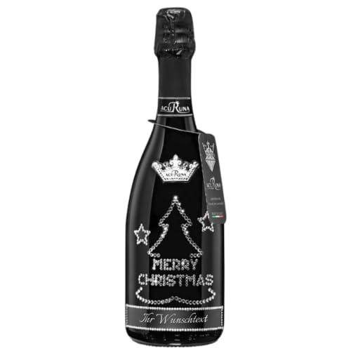 Geschenk Weihnachten personalisiert Prosecco Flasche 0,75 l mit Strass verziert Motiv: MERRY CHRISTMAS Baum