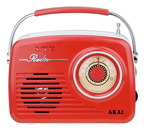 AKAI Tragbares Radio in Retro-Design Rot - FM/AM, AUX, USB, SD-Karte, MP3, Kopfhöreranschluss, Teleskopantenne