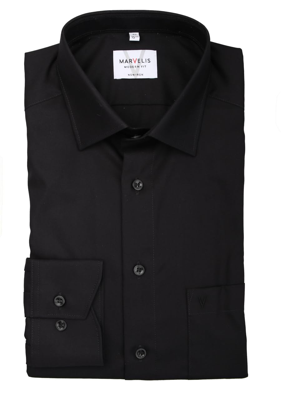 Marvelis Herren Businesshemd Non-Iron Modern Fit, extralang, Kent-Kragen, Uni Popeline, 100% Baumwolle, schwarz 68, 41