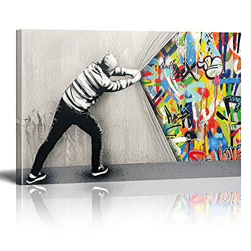 Banksy Bilder auf Leinwand Hinter dem Vorhang Graffiti Street Art Wand Bild Pop Art Gemälde Kunstdruck Modern Wandbilder XXL Wanddekoration (Mit Rahmen, 105x70cm)
