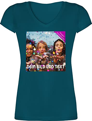 T-Shirt Damen V Ausschnitt personalisiert mit Namen - Foto Geschenk mit eigenem Bild - Fotogeschenk - XS - Türkis - zum selber Machen t Shirt Bilder drucker Lassen t-Shirts - XO1525