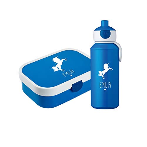 4you Design Blaues Set: Brotdose & Trinkflasche -Einhorn-Silhouette- personalisiert mit Namen, inkl. Box-Einsatz, Gabel & Trinkflasche für Schule (Einhorn, Blau)