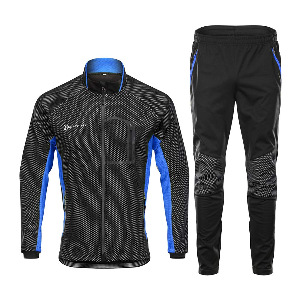 d.Stil Herren Fahrradbekleidung Set Langarm Fleece UV- Schutz Radjacke + Fahrradhose M - 3XL (Schwarz-Blau, M)
