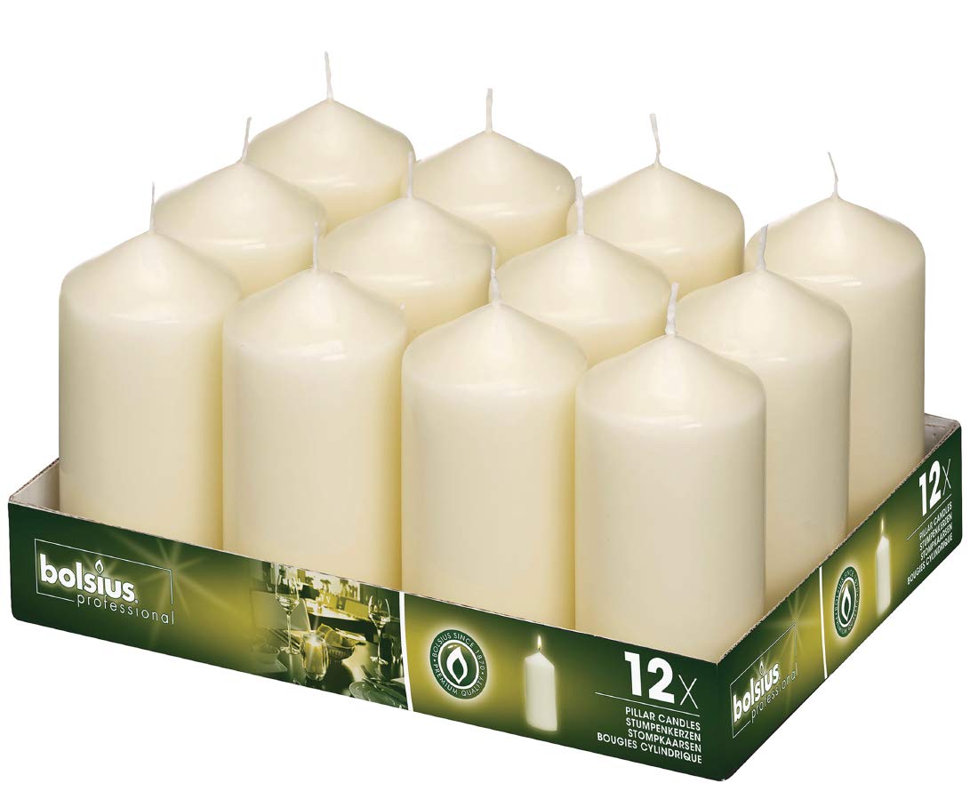 Bolsius Basische Kerzen für Dekoration, Wachs, Elfenbein, Größe der einzelnen Kerze: Höhe 11,8 cm, Durchmesser 5,8 cm, 12 Stück