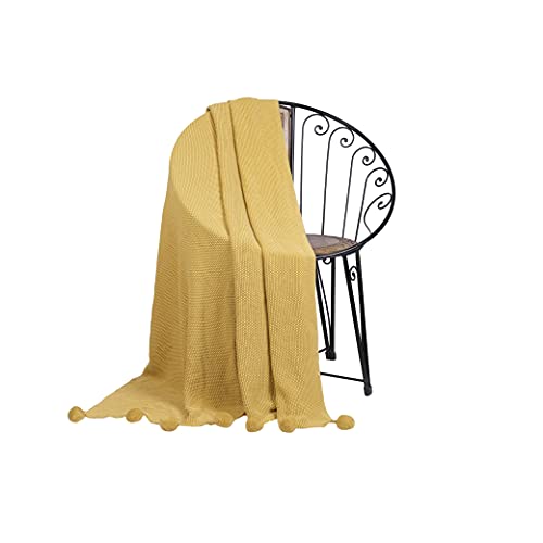 Penguin Home® Gestrickte Überwurfdecke mit Pompons, 100% Baumwolle, Ockerfarben, mit extra weicher Haptik für Sofa, Couch und Bett, warme und gemütliche Decke, 130 x 150 cm