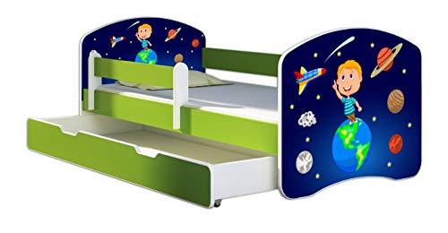 ACMA Kinderbett Jugendbett mit Einer Schublade und Matratze Grün mit Rausfallschutz Lattenrost II 140x70 160x80 180x80 (22 Kosmos, 160x80 + Bettkasten)