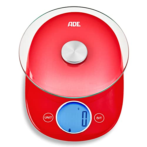 ADE Digitale Küchenwaage KE 1704 Carla. Elektronische Waage für bis zu 5 kg. Kompaktes Design mit Retro-Charme. Runde Wiegefläche aus Sicherheitsglas. Sensor-Touch. Inklusive Batterie. Rot
