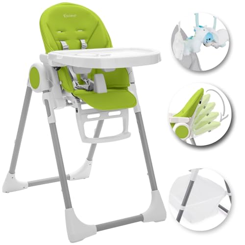 SULENO - Hochstuhl Baby Kinderhochstuhl LOVIS mit Liegefunktion Kinderstuhl verstellbar klappbar mitwachsend 5-Punkt-Sicherheitsgurt 0-6 Jahre, Grün + Spielbogen & Korb
