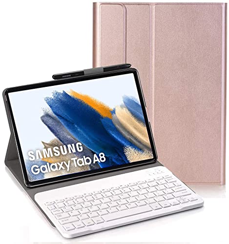 YHFZR Tastatur Hülle for Samsung Galaxy Tab A8 2021 - (QWERTY Layout), Ultradünn Flip Entfernbar Drahtloser Keyboardständer Ledertasche für Samsung Galaxy Tab A8 SM-X200/205 10,4 Zoll, Roségold