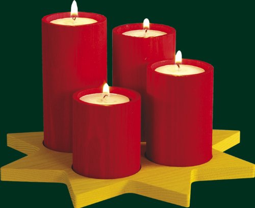 Rudolphs Schatzkiste Kerzenhalter 4 Stumpenlichter bunt Höhe= 12cm NEU Kerze Kerzenlicht Teelicht Weihnachten Kerzenschmuck Tischschmuck Holzschmuck Holz Seiffen Erzgebirge Dekoration