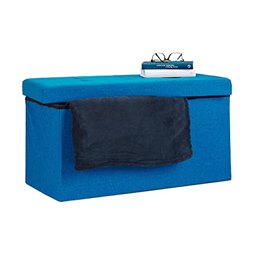 Relaxdays Faltbare Sitzbank XL, mit Stauraum, Sitzcube mit Fußablage, Sitzwürfel als Aufbewahrungsbox, 38x76x38 cm, blau