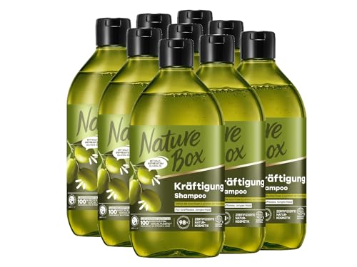 Nature Box Shampoo Kräftigung (9x 385 ml), Shampoo für lange Haare mit Oliven-Öl schützt vor Haarbruch und verleiht gepflegtes Haar, Flasche aus 100% recyceltem Social Plastic