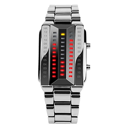 FeiWen Mode Lässig Edelstahl Binär Digitales Uhren Silber Einzigartig Platz Wählen Gelb und Rot LED Licht Kalender Armbanduhren (Herren)