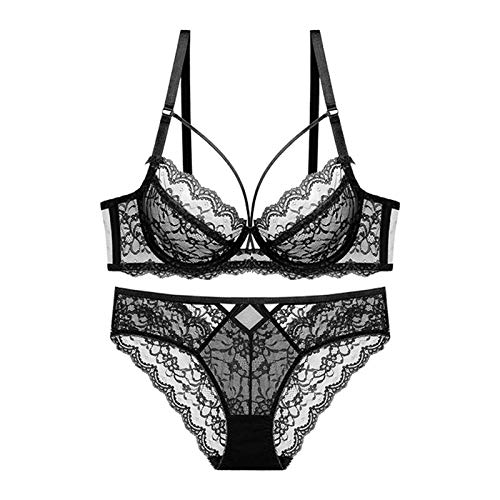 WENJUN Damen-Dessous-Set, Übergröße, sexy Kreuz, ultradünner BH, Spitze, Bralette und Höschen, 2-teilig (Farbe: Schwarz, Größe: 85C)