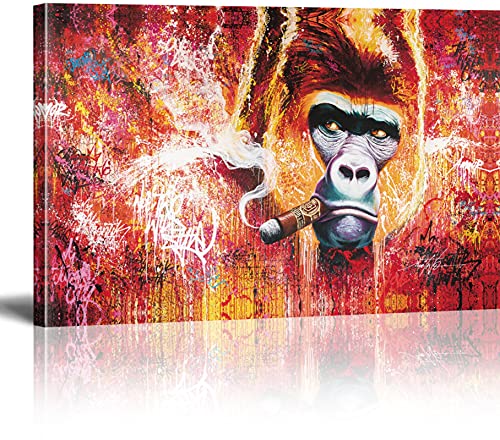 MJEDC Banksy Bilder Leinwand Gorilla Smoking Cigar Graffiti Street Art Leinwandbild Fertig Auf Keilrahmen Kunstdrucke Wohnzimmer Wanddekoration Deko XXL 80x110cm