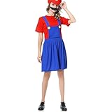 VISVIC Kostüm Super Brothers Klempner, Kostüm mit Bodysuit, Cap und Schnurrbart, Karneval Halloween Cosplay Kostüm für Herren Damen Junge Mädchen Kinder, Damen Rot, XL