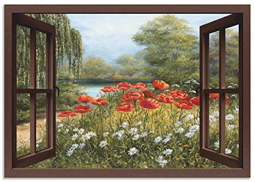 ARTland Wandbild Alu Verbundplatte für Innen & Outdoor Bild 130x90 cm Fensterblick Landschaft Blumen Mohnblumen See Blumenwiese Natur F7EO