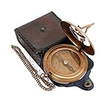 Hanzla Collection Sonnenuhr-Kompass aus antikem Messing mit Ledergehäuse und Kette – Push-Open-Kompass – Steampunk-Zubehör – schönes handgefertigtes Geschenk – Sonnenuhr (7,6 cm Sonnenuhr)
