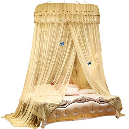 Kaiyei Moskitonetz Universal Himmelbett für Doppel, Einzel, Kinderbetten, Prinzessin Betthimmel Rund mit Klebehaken Schlafzimmer Schmetterling Dekoration Romantisch Palast Beige Gelb 200cm ×220cm