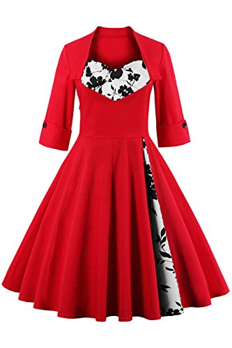 Babyonline Sommer Damen Polka Dots Kleider Vintagekleid Rockabilly Kleid Partykleider S-5XL, Rot mit Blumen, L