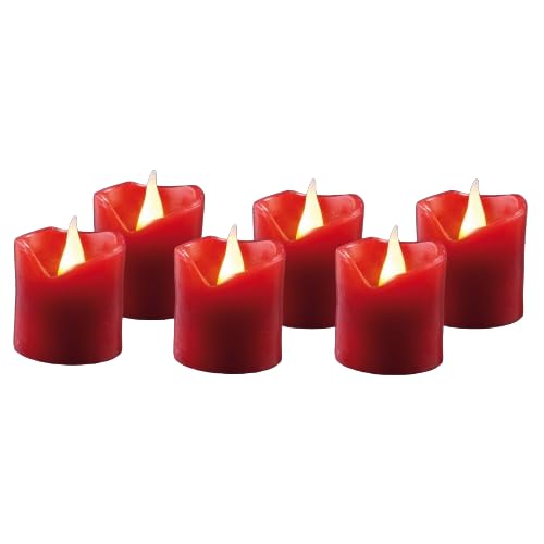 hellum LED Wachskerzen 6 Stück, Ø 5cm x 5cm hoch, LED Kerzen rot flackernde Flamme, Kerzen mit batterien (6xCR2032 inkl.), LED Weihnachtsbeleuchtung LED Deko, Echtwachs LED Kerze 150773