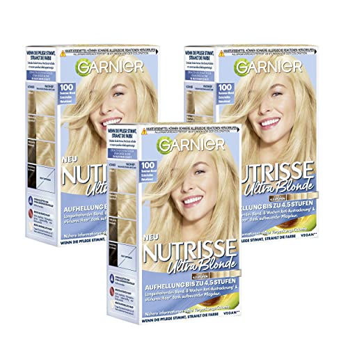 Garnier Nutrisse Creme Coloration Sommer-Blond 100 / Färbung für Haare für permanente Haarfarbe (mit 3 nährenden Ölen), 3er Pack