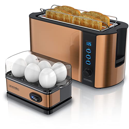 Arendo - SET Toaster FRUKOST mit Eierkocher SIXCOOK Edelstahl Kupfer, Toaster 4 Scheiben, LED-Display, 6 Bräunungsgrade, Brötchenhalter - Eierkocher 1-6 Eier, Messbecher