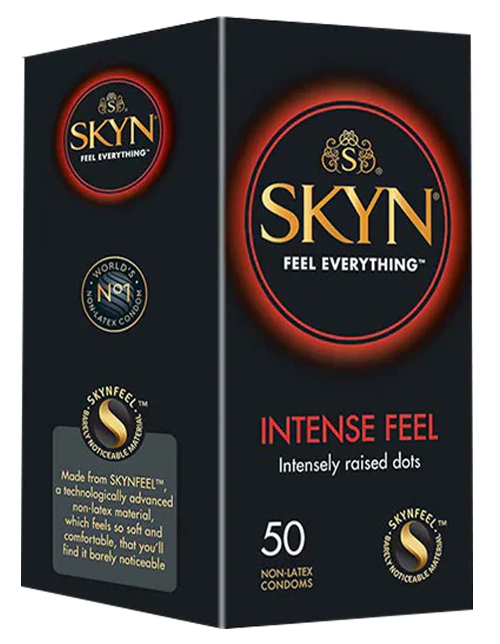 SKYN Intense Feel Kondome (50 Stück) | Skynfeel Latexfreie Kondome für Männer, Gefühlsecht Hauchzart, Extra Starken Noppen Kondome Box, Stimulierend, Kondome 53mm Breite, mit unsere Lubes verwendbar