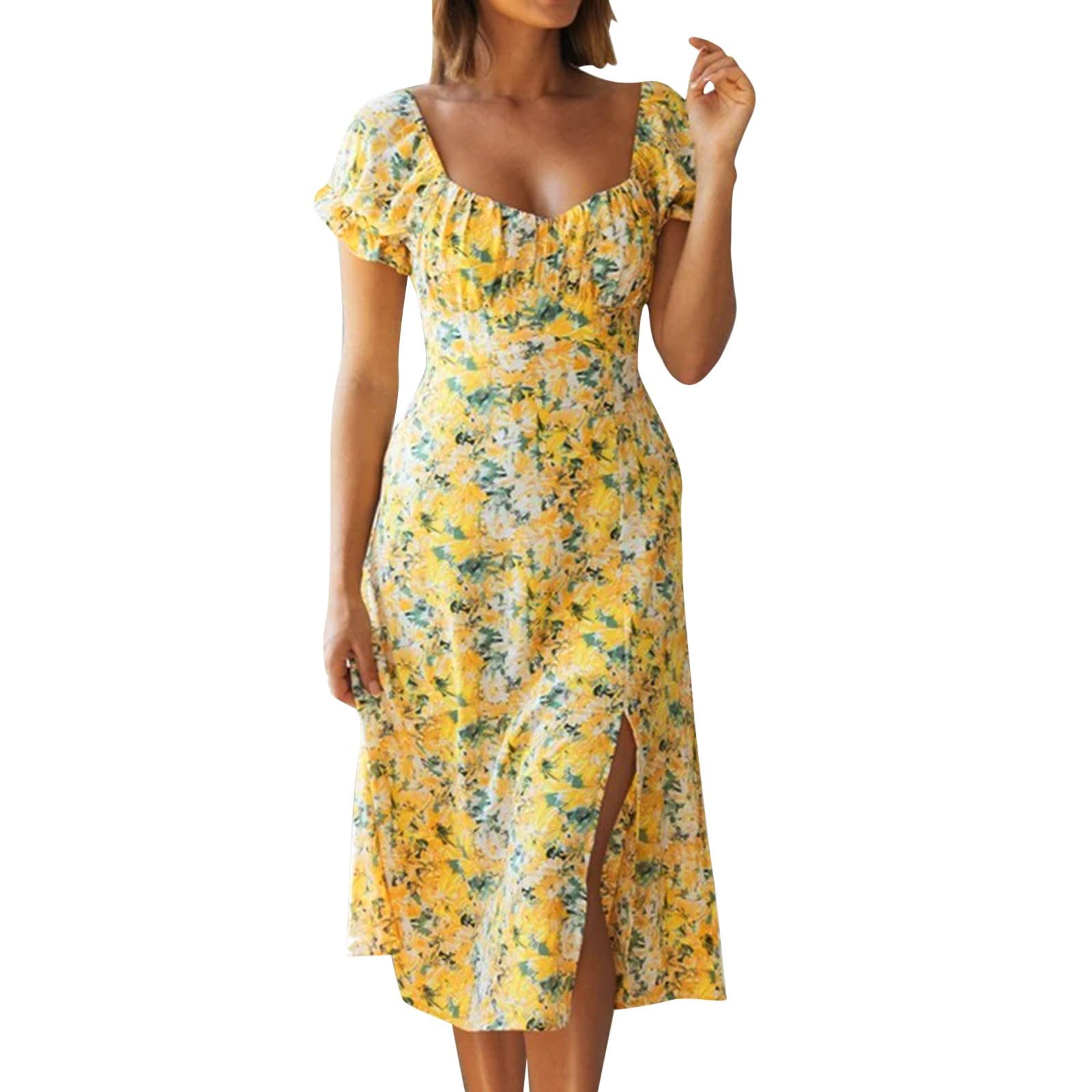 Colorful Sommerkleid Damen V-Ausschnitt Kurzarm Bandage Freizeitkleid, Kleider Gänseblümchen Mode Kurz Temperament Elegant Schwingen Kleid Blusenkleider Mini Dress (Yellow, M)