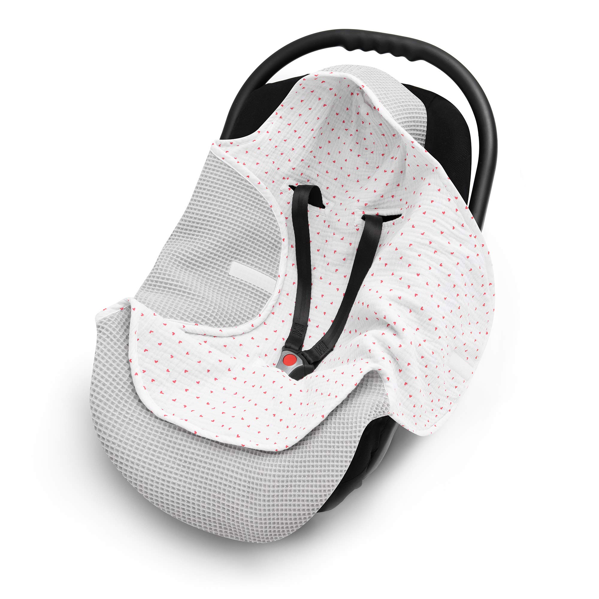 EliMeli Einschlagdecke für Babyschale 100% Baumwolle - Leichte Baby Decke für Autositz aus Waffelstoff und Musselin für den Sommer und Frühling, universal z.B. Maxi Cosi (Grau - Red Herz)