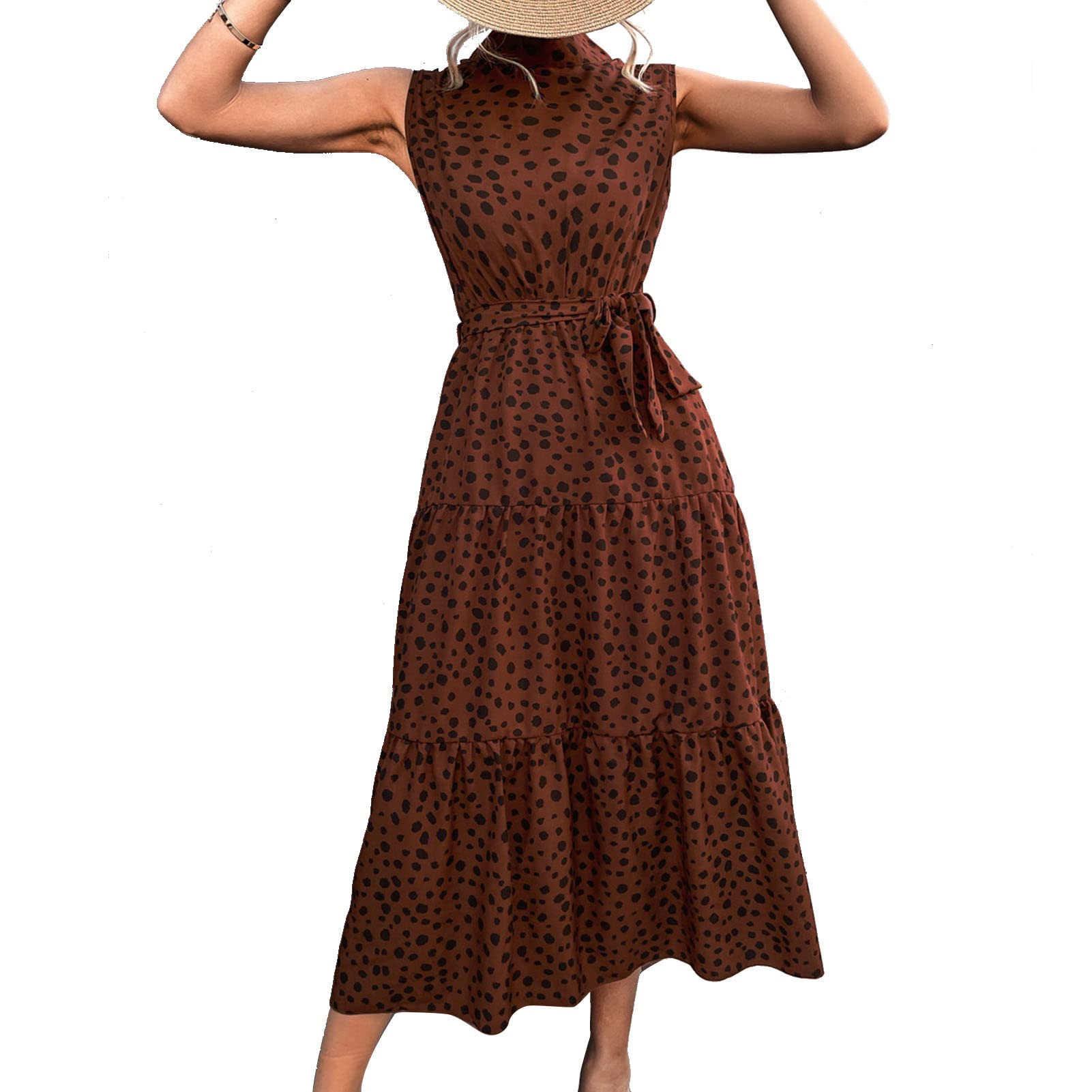 Ausla Damen Kleid Sommer Hohe Taille Stehkragen Schickes, Lässiges Kleid ärmelloses Polka Dot Midi-Länge Partykleid mit Gürtel, Kragenweite 4,5 cm(L-Kaffee)