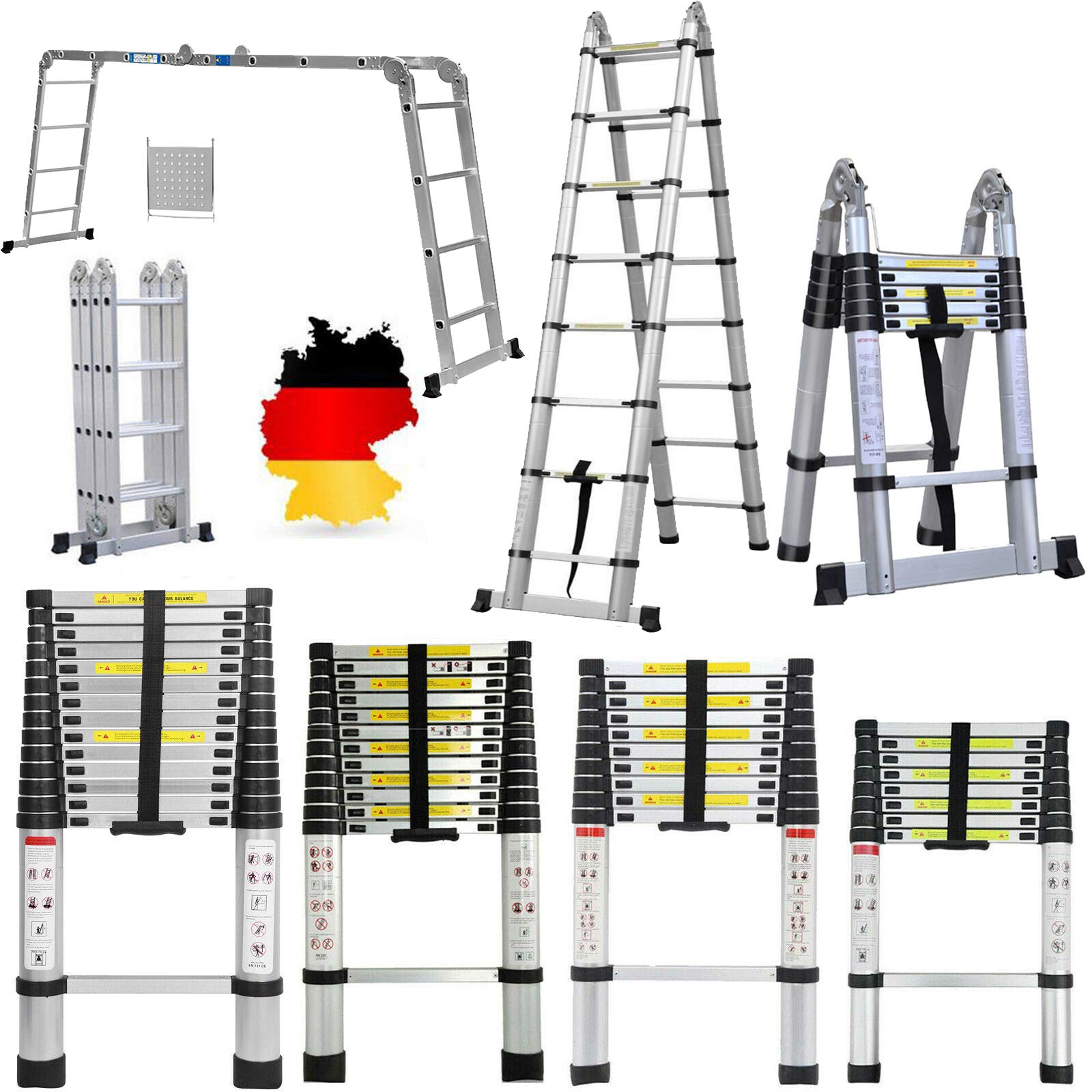 Teleskopleiter 5m Klappbar Alu Leiter, Rutschfester Ausziehbar Aluleiter, 16 Sprossenleiter mit Stabilisator - Gerade Leiter & A-Rahmen Klappleiter, 150 kg Belastbarkeitr