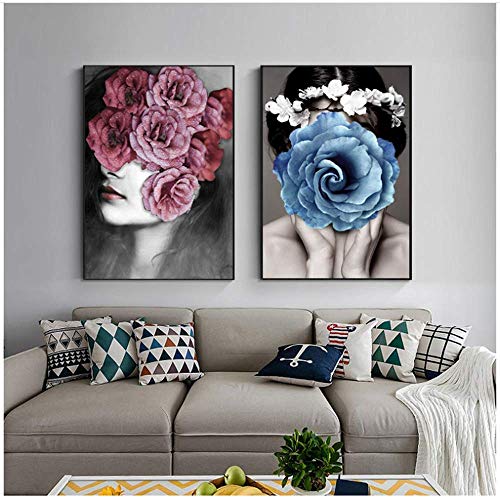 HHLSS Leinwanddruck 2x50x70cm ohne Rahmen Mode Frauen Blumen Schönheit Poster und Drucke Mädchen Bild für Wohnzimmer Home Decor