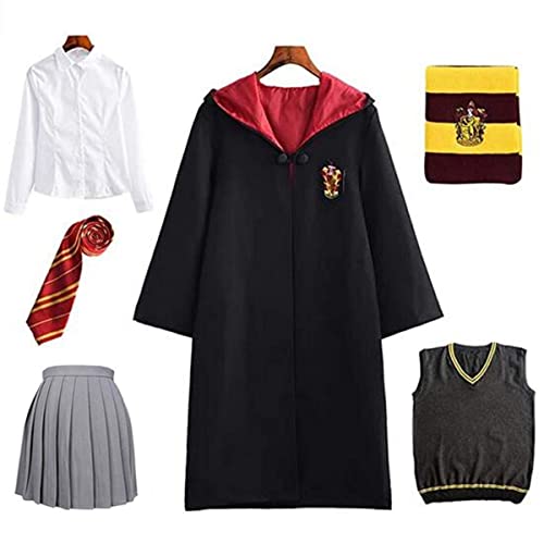 Linen Family Erwachsene Hermione Granger Gryffindor Uniform Cosplay Kostüm Umhang Film Fanartikel Outfit Set Zauberstab Krawatte Schal Karneval Verkleidung Fasching Halloween schwarz