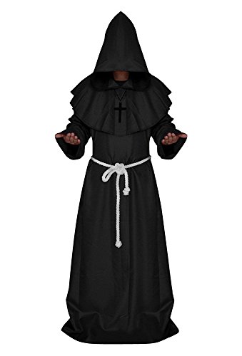 Herren Mönch Kostüm, Robe mit Kapuze und Gürtel Schwarz S