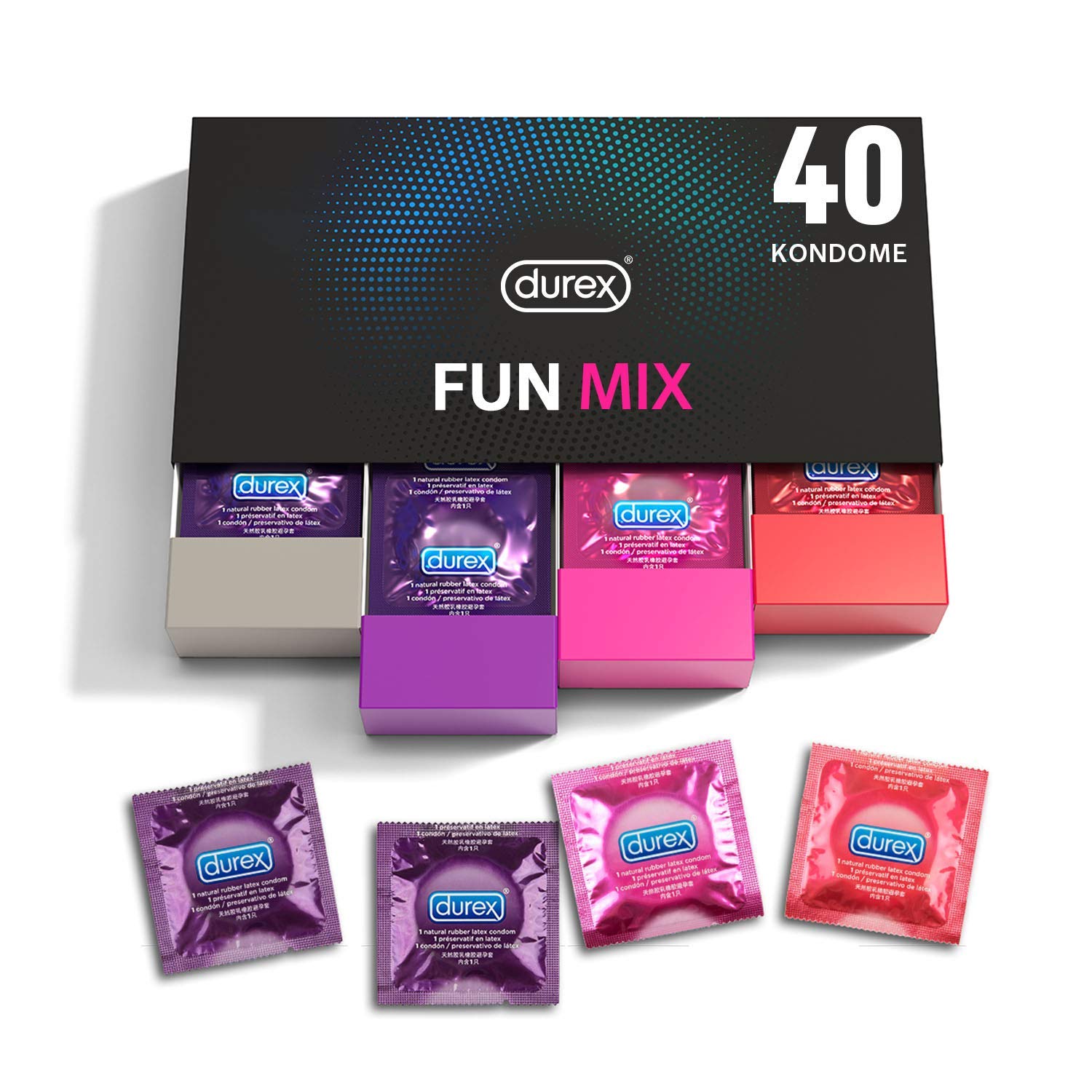 Durex Fun Explosion Kondome in stylischer Box – Aufregende Vielfalt, praktisch & diskret verpackt - Verhütung – Kondom Probierpaket – 40er Großpackung (1 x 40 Stück)