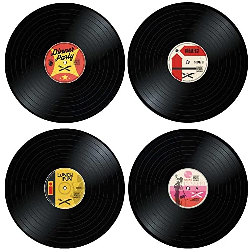 Mikamax – Vinyl Placemats – Retro - Schallplattenteller - 4 Tischsets - Nostalgisch - Schallplatten - Tischdekoration - Runde Tischsets - Schwarz