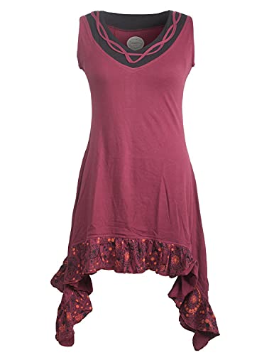 Vishes - Alternative Bekleidung - Armloses Hippie Zipfelkleid aus Baumwolle mit V-Ausschnitt und Rüschen dunkelrot 44