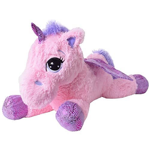 TE-Trend Plüschpferd Einhorn Unicorn liegend 60cm pink mit lila Applikationen und Flügel in Regenbogenfarben