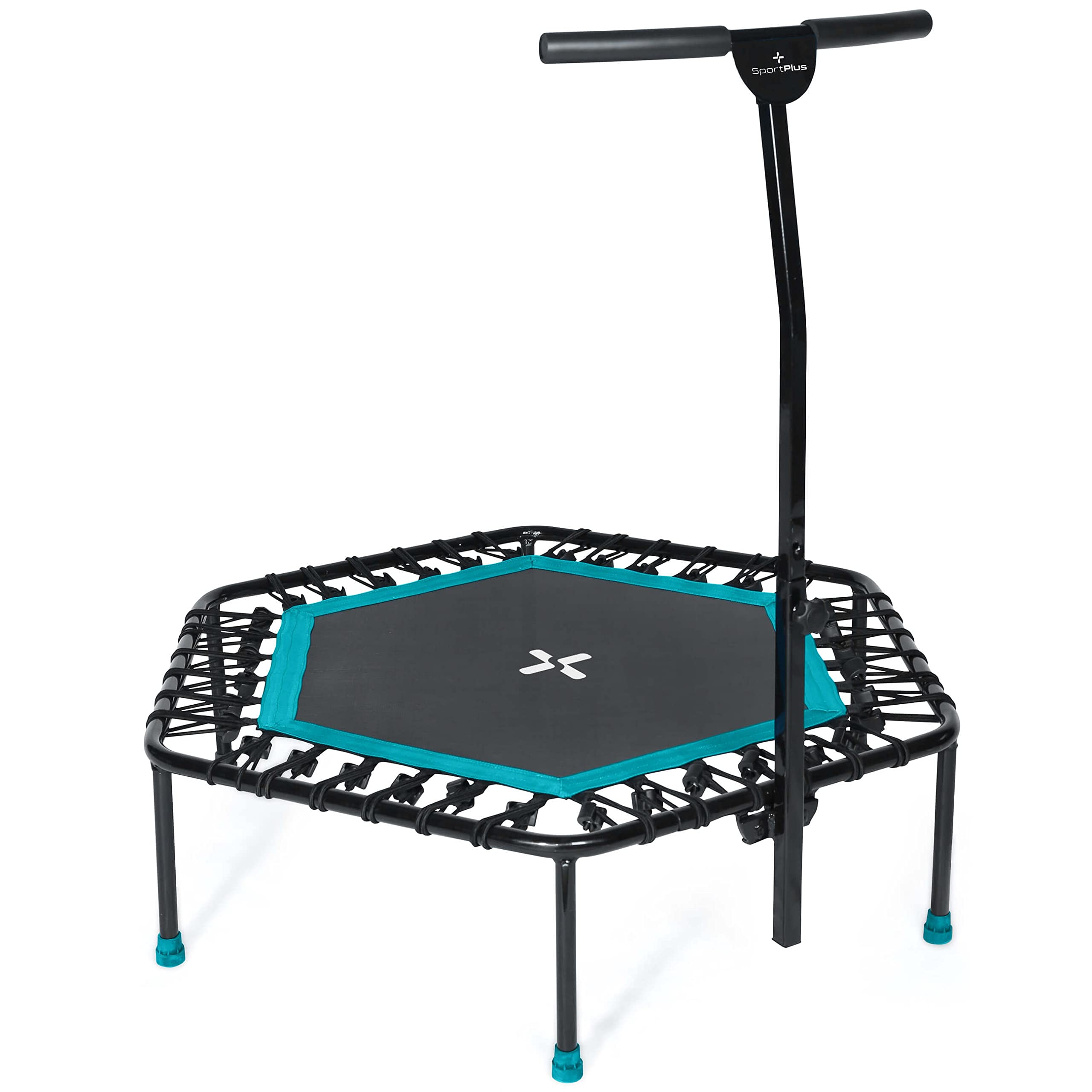 SportPlus Fitness Trampolin für zuhause, mit Haltestange (5-Fach höhenverstellbar), weiche Gummiseilfederung, sehr leise & bis 130 kg belastbar