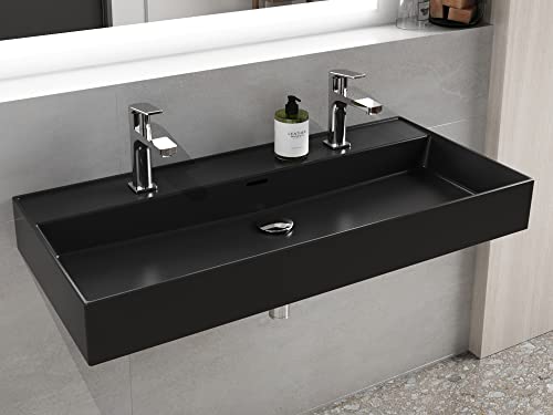 Aqua Bagno | Doppelwaschbecken in Schwarz-matt, Keramik Doppelwaschtisch, eckiges Aufsatzwaschbecken | 1012 x 466 mm