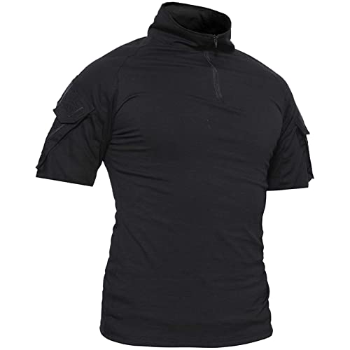 Herren Kurzarm Hemd Taktisch Shirt Militär Armee Outdoor Poloshirt T-Shirt Paintball Combat Shirt Quick Dry Polo Funktionsshirt Mit Reißverschluss (Black,XL)